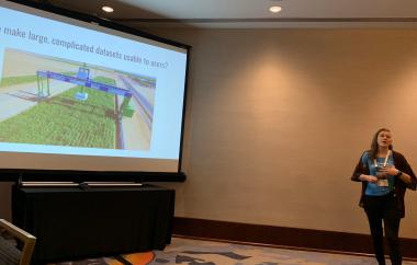 Kristina giving a short lightning talk on how our group uses R in our training materials (photo credit to RLadies organizer Mine Çetinkaya-Rundel http://www2.stat.duke.edu/~mc301/)